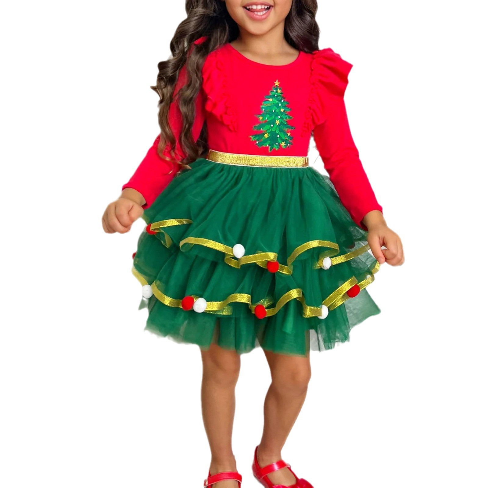 Girls Dress Female Big Kid Dress 4t Girl Kids Children Girls Dress Christmas Long Sleeve Cartoon Snowman Tree Prints Girls Summer (Red, 5-6 Years)